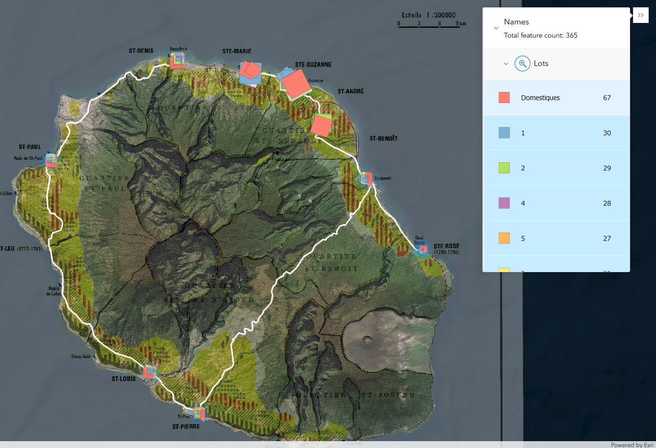 Screenshots from "Enslaved by the Church," with names and relationships of victims of 1793, Reunion Island.