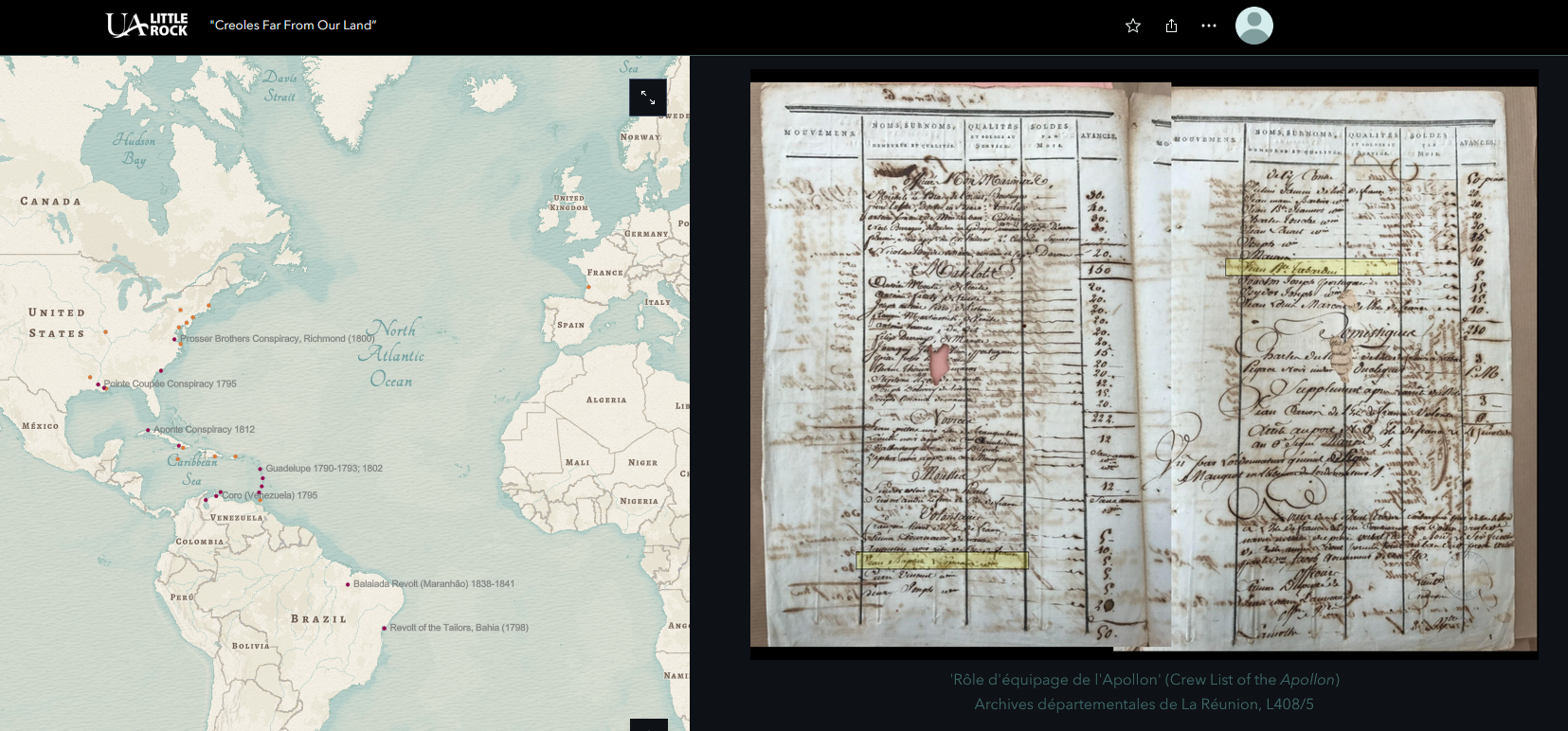 Screenshot from "Creoles Far From Our Land," with archival photograph and map. Accessed September 9, 2024.