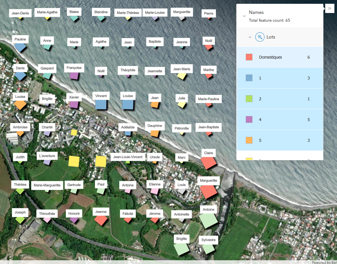 Screenshots from "Enslaved by the Church," with names and relationships of victims of 1793, Reunion Island.