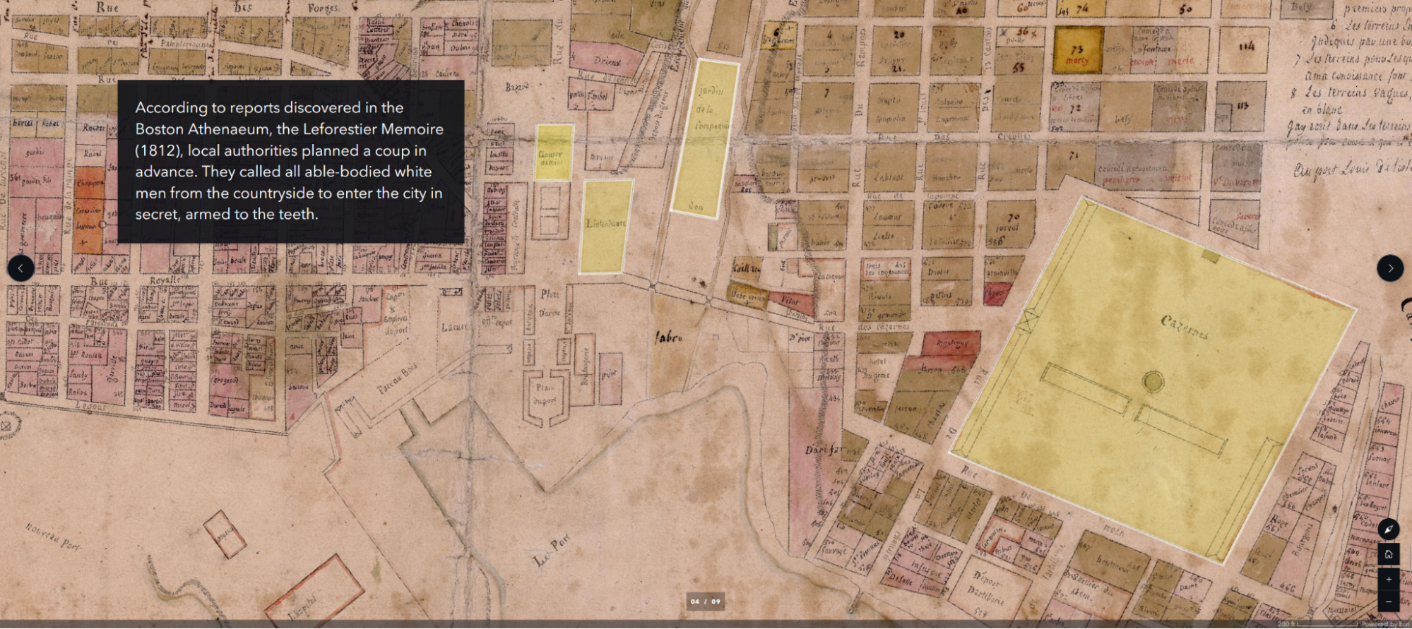 Screenshots from "This Unalterable Friendship" with key locations from the pro-slavery coup of 1796 in Port-Louis (Mauritius) superimposed onto georeferenced historic maps. Accessed September 9, 2024.